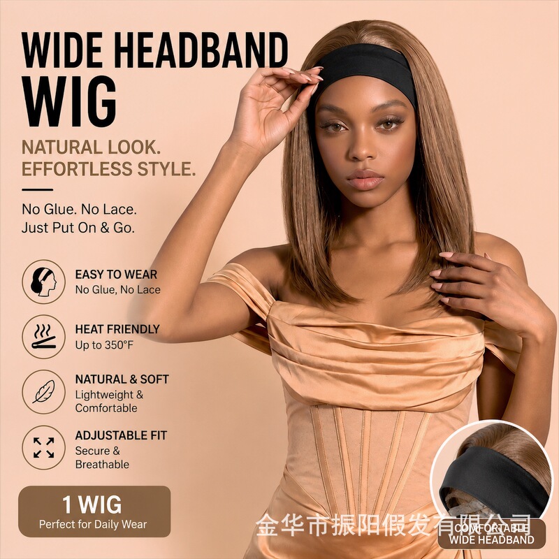 European and American style cross-border headband short straight hair wig for women, glue-free, ready-to-wear, suitable for daily commuting and parties, black strap wig