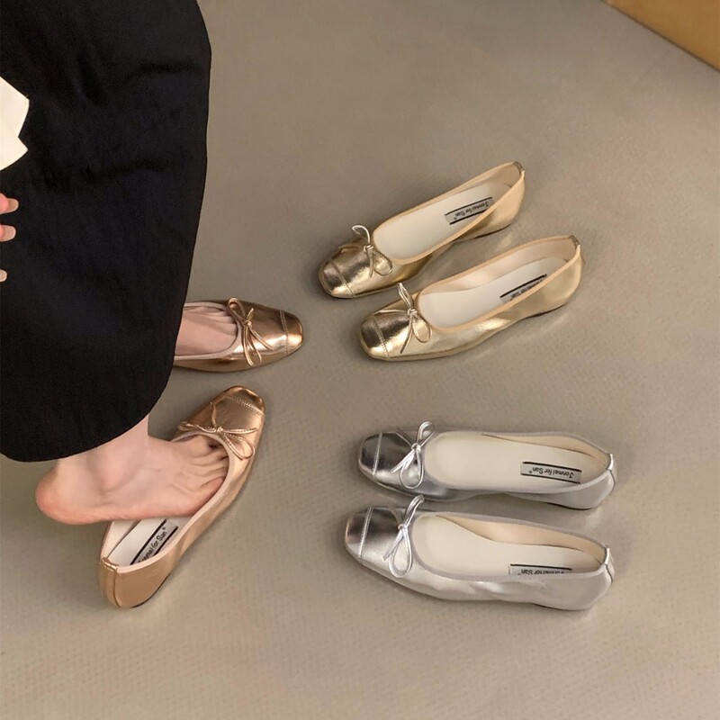 Inner Height-Increasing Silver Single Shoes for Women, Spring and Autumn 2026 New Style, Bow-Knot French Style Chanel-Inspired Ballet Shoes