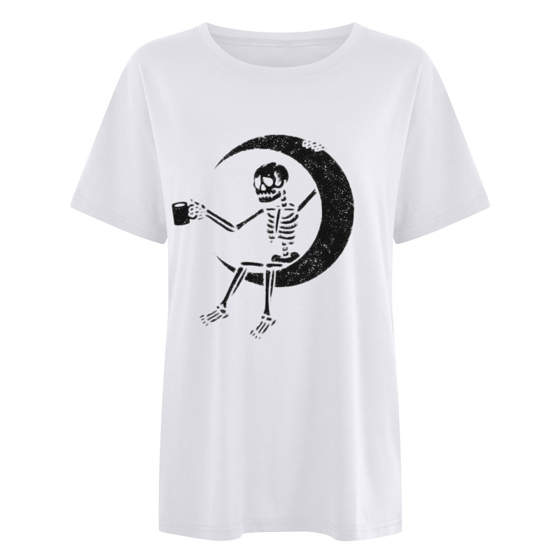 2021 Summer Loose Street Trendy European and American Style Short Sleeve Skull Sitting on the Moon Art Print T-Shirt