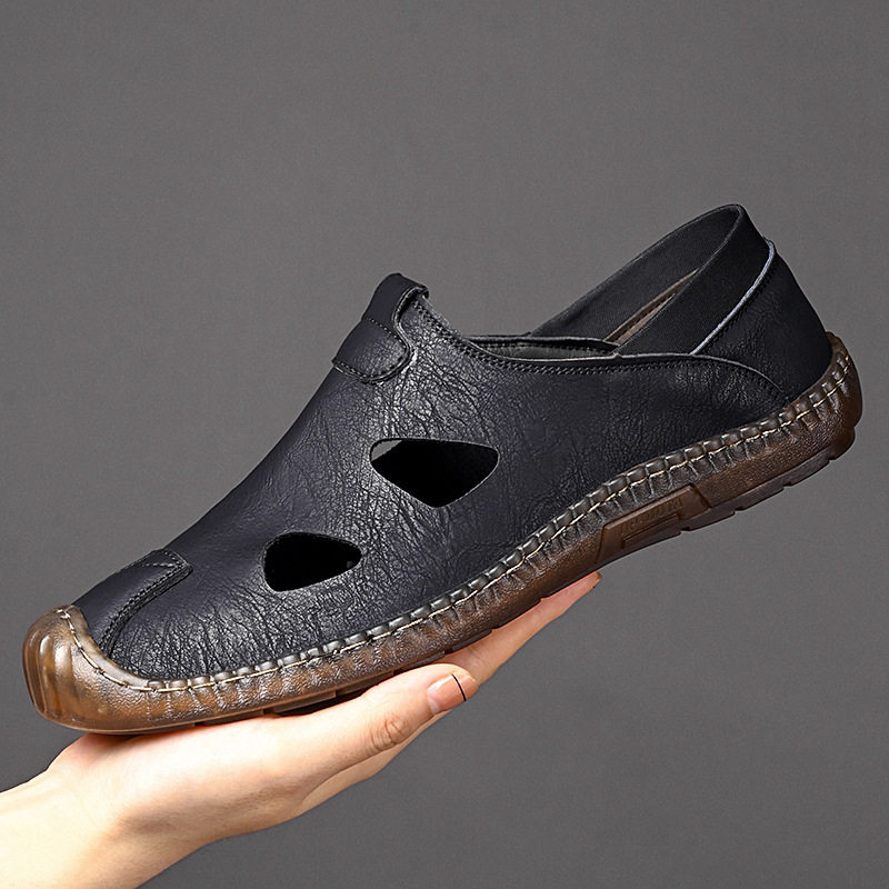 Giày sandal da nam thủ công đan dây, thoáng khí khoét lỗ, kiểu bao đầu — Màu kaki, màu đen