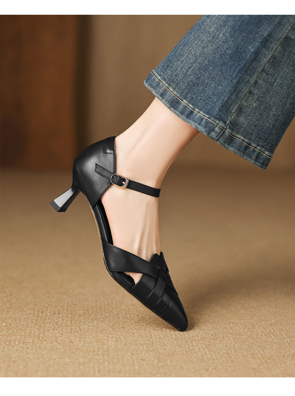 Giày sandal cao gót nữ quai ngang mũi nhọn da cừu gót 5,5 cm — đen chi tiết 11