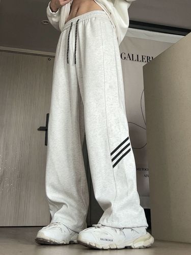 Spring and Autumn Loose and versatile straight-tied feet Gray Heavy Couple Pants Men's Drawstring Striped High Street Casual Sports Pants