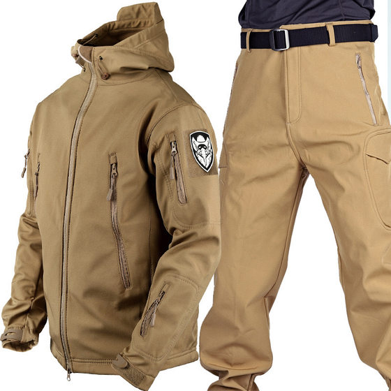 Factory Cross-border Sharkskin Jacket Suit Men's Autumn and Winter Waterproof Thickeneded Soft Shell Suit Fleece-lined Camouflage Training Uniform