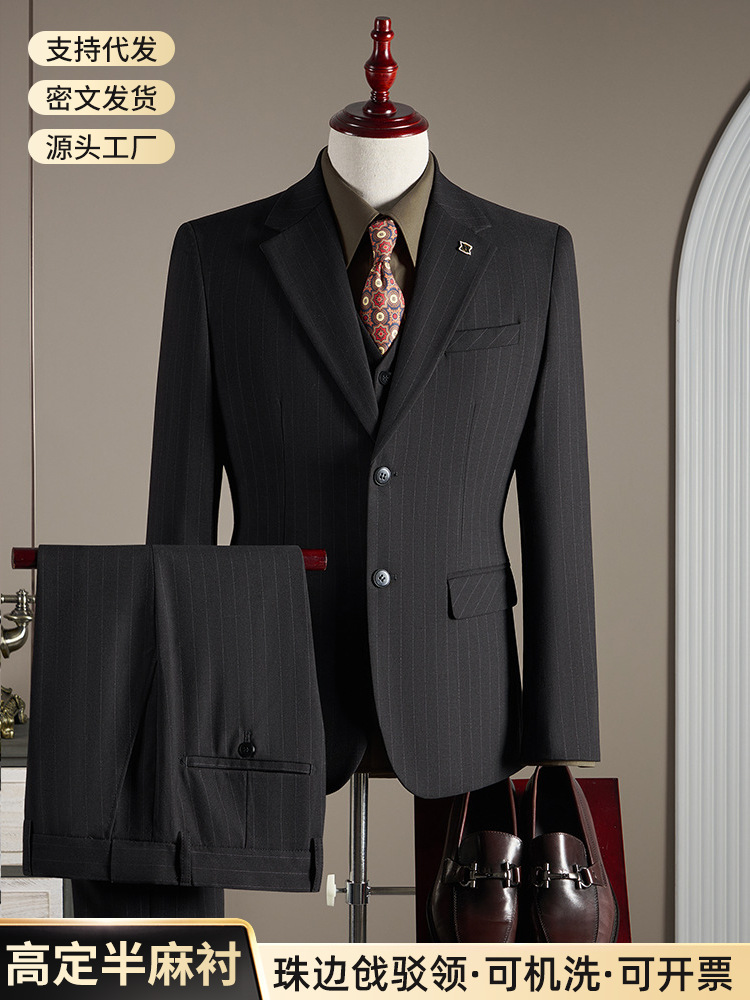 Kişi üçün zolaqlı yarım kətan kostyum dəsti, slim fit