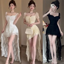 5703法式性感蕾丝拼接连衣裙女高级感不规则气质收腰显瘦别致长裙