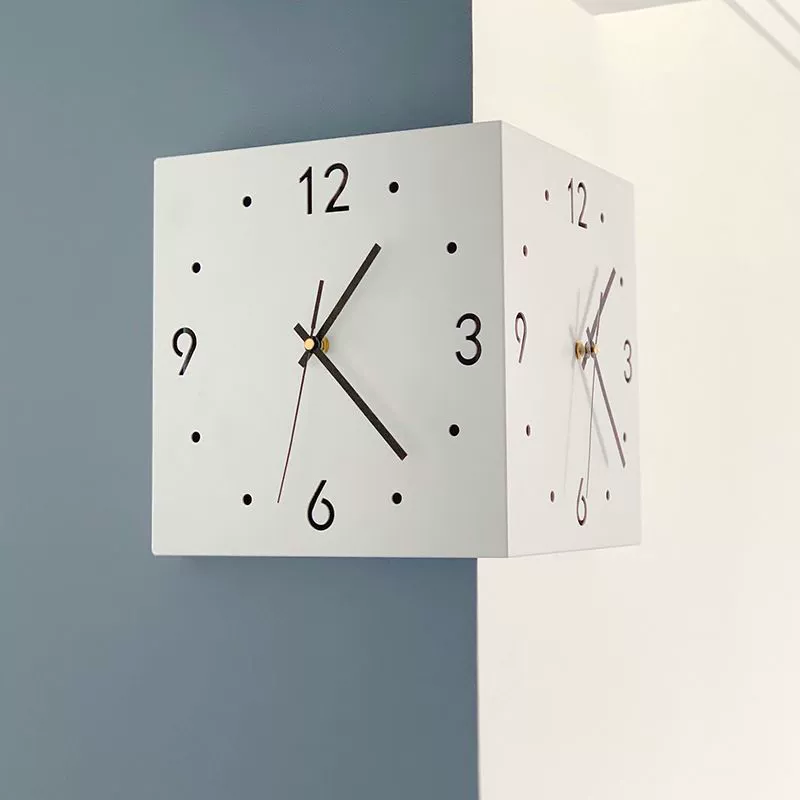 Corner Double-Sided Wall Clock, Two-Face Silent Design, LED Induction Options, Multi-Color