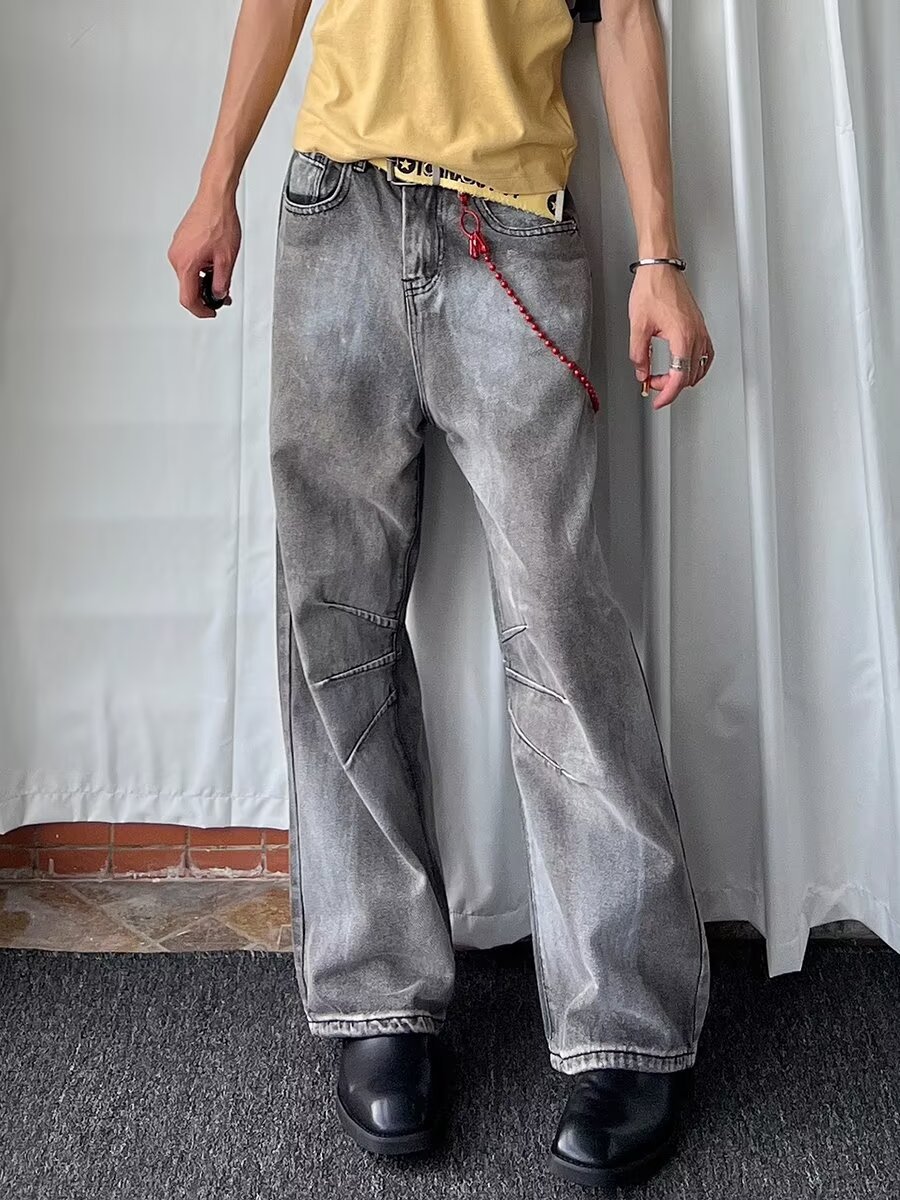 American Vintage Heavy Wash Light Gray Faded Jeans Unisex High Street Loose Fit Wide Leg Straight Pants_mkmklike.com