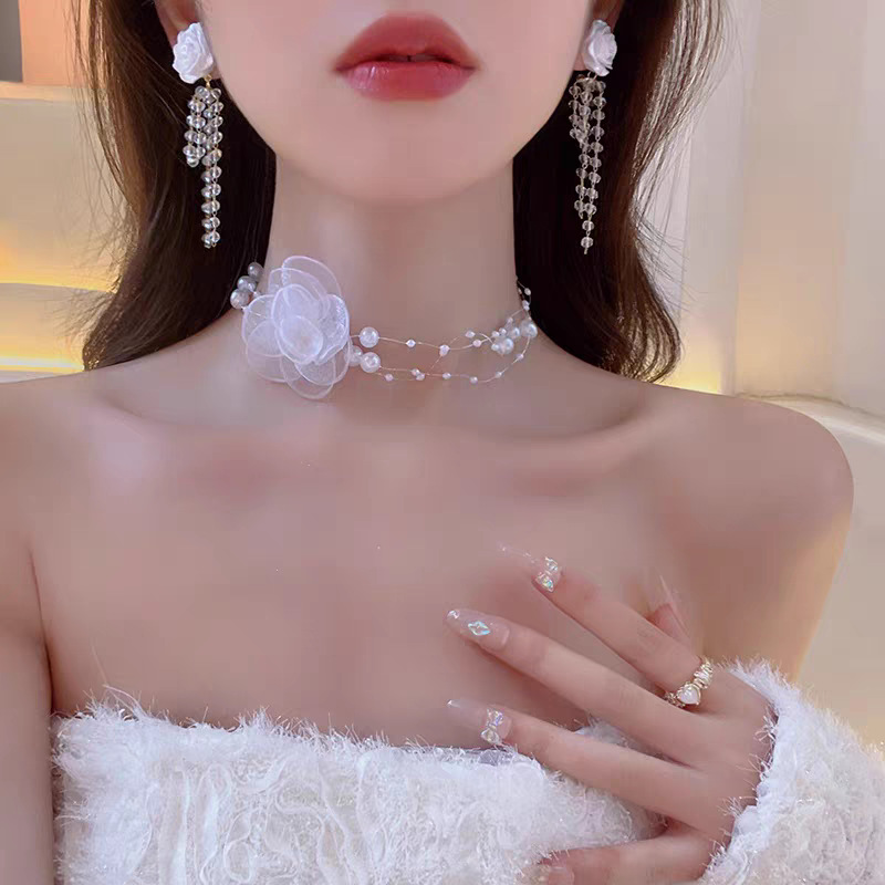 Multi-layer Mesh Flower Camellia Pearl Necklace Women 2024 New Fashionable Ins Style Clavicle Chain Necklace Collar