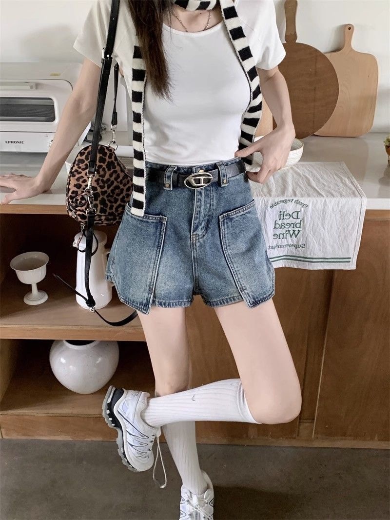 Quần short denim nữ lưng cao túi hộp phong cách vintage ống rộng — Lời bài hát: Blue (No Belt - Pants) chi tiết 11