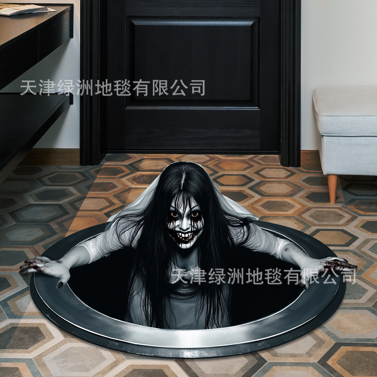 外贸地垫万圣节3D仿真恐怖水井长发女鬼地垫卧室客厅家居装饰垫子