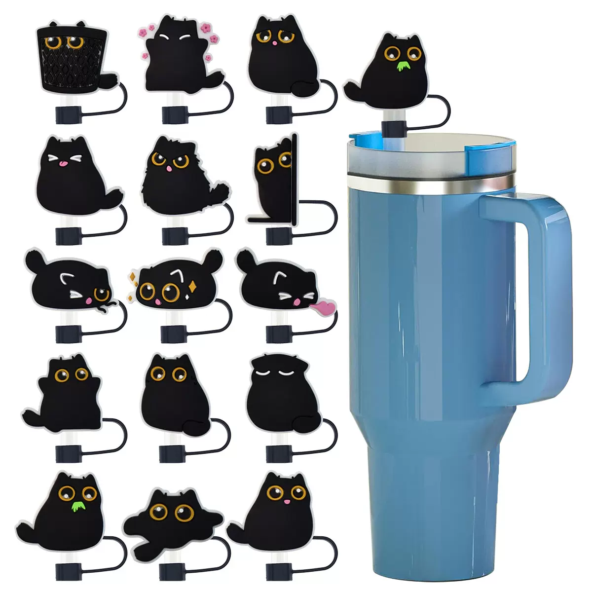 新款卡通黑色猫咪系列吸管帽吸管塞10mm个性软胶吸管配件防尘塞