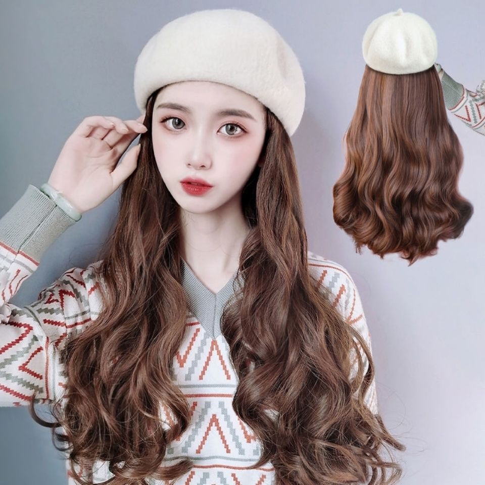 Sombrero y peluca integrados a la moda 2025, nueva peluca de boina de otoño e invierno para mujer con pelo largo, tocado completo para mujer