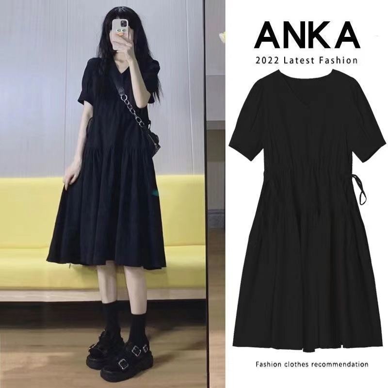 Maternity summer dress knee-length skirt trendy mom fashion temperament loose black evening dress high-end stylish and slimming