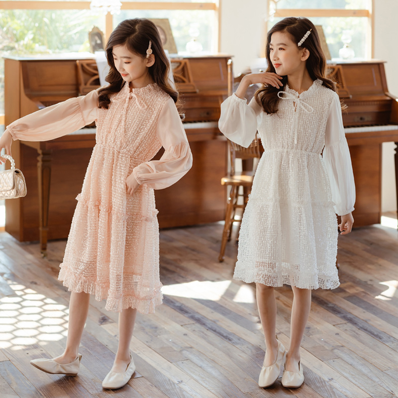 童装春夏季纯色连衣裙春季小女孩棉公主裙韩版女长袖工厂一件代发