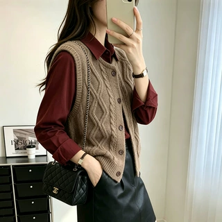 秋冬季纯羊毛衫麻花针织马甲女圆领加厚叠穿背心坎肩毛衣上衣