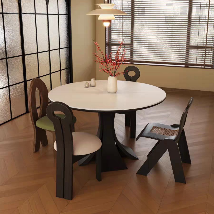Medieval Style Solid Wood Round Slender Slate Dining Table for Home Small Apartment Designer Round Dining Table Walnut Color Round Table