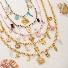 亚马逊畅销夏日海星珍珠爱心海龟太阳吊坠项链多巴胺不锈钢锁骨链