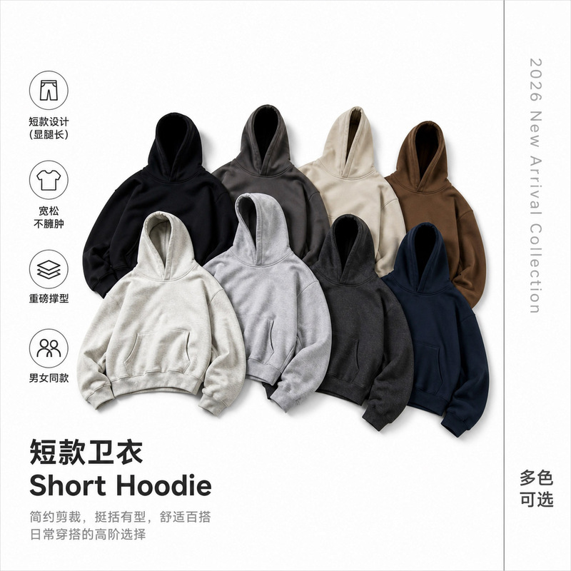 Cross-Border Spring and Autumn New Heavyweight Short Hooded Sweatshirt for Men and Women, Trendy Street Style Loose Top Oversized