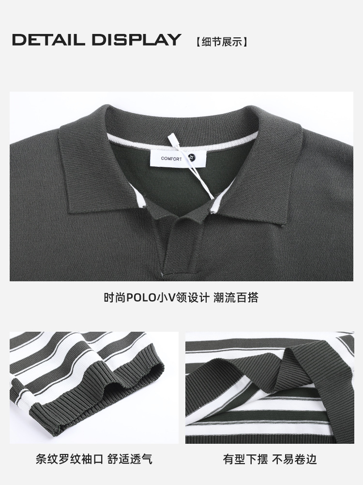 Polo de seda de hielo de alta gama Camiseta casual de negocios de manga corta con cuello en V de alta gama para hombres Camiseta a rayas image 5