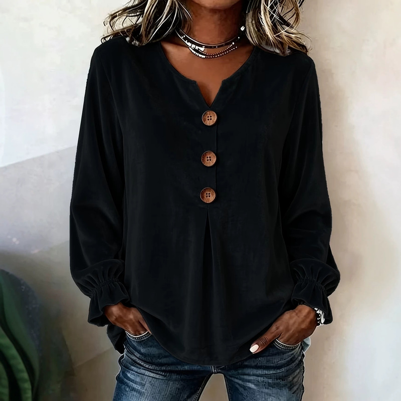 2026 European and American women's clothing cross-border Amazon independent site new velvet long-sleeve top shirt with fashionable V-neck and buttons 2026 European and American women's clothing cross-border Amazon independent site new velvet long-sleeve top shirt with fashionable V-neck and buttons