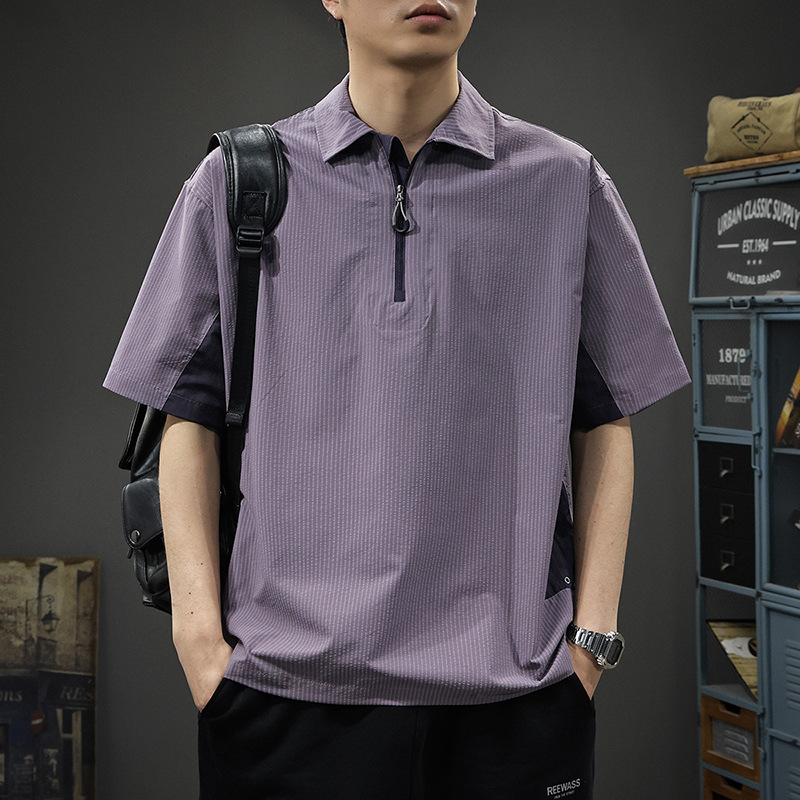 Designed Color-Blocked Zipper Men's Short-Sleeved Polo Shirt 2025 Summer Thin Fashionable and Handsome Personalized Men's Tops