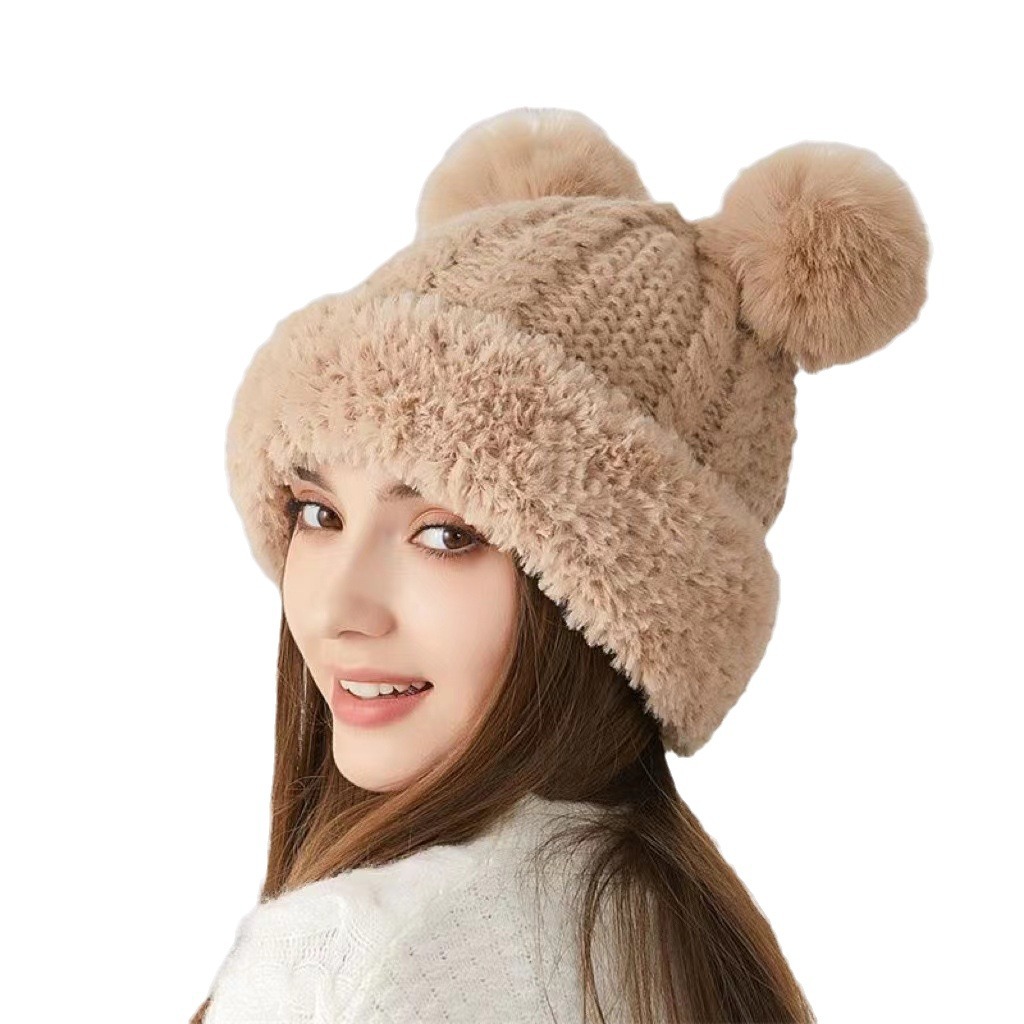 Ragazze coreane carine che lavorano a maglia in inverno con ferri grossi, pasta fritta, intrecci di peluche, protezione per le orecchie, cappello di lana_voghion.com