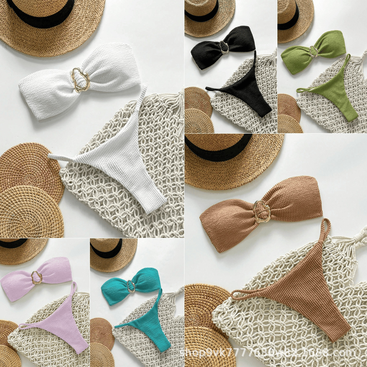 2025 Fashionable Pure Color Wrinkled Cloth New Swimsuit Women's Tube Top Split Two-Piece Bikini with Accessories Bikini