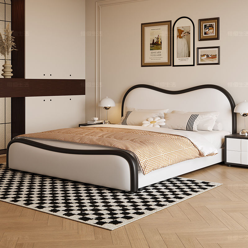 Cream-Style Double Bed, Genuine Leather Retro Double Bed, Modern Minimalist Children's Bed, Master Bedroom Ins-Style Wave Bed, Floating