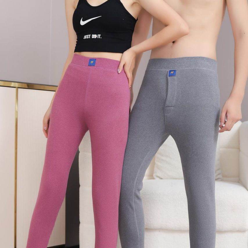 Camel velvet warm pants autumn and winter high waist fleece-lined thick long johns men and women couple's high elastic solid color heating bottoming cotton pants