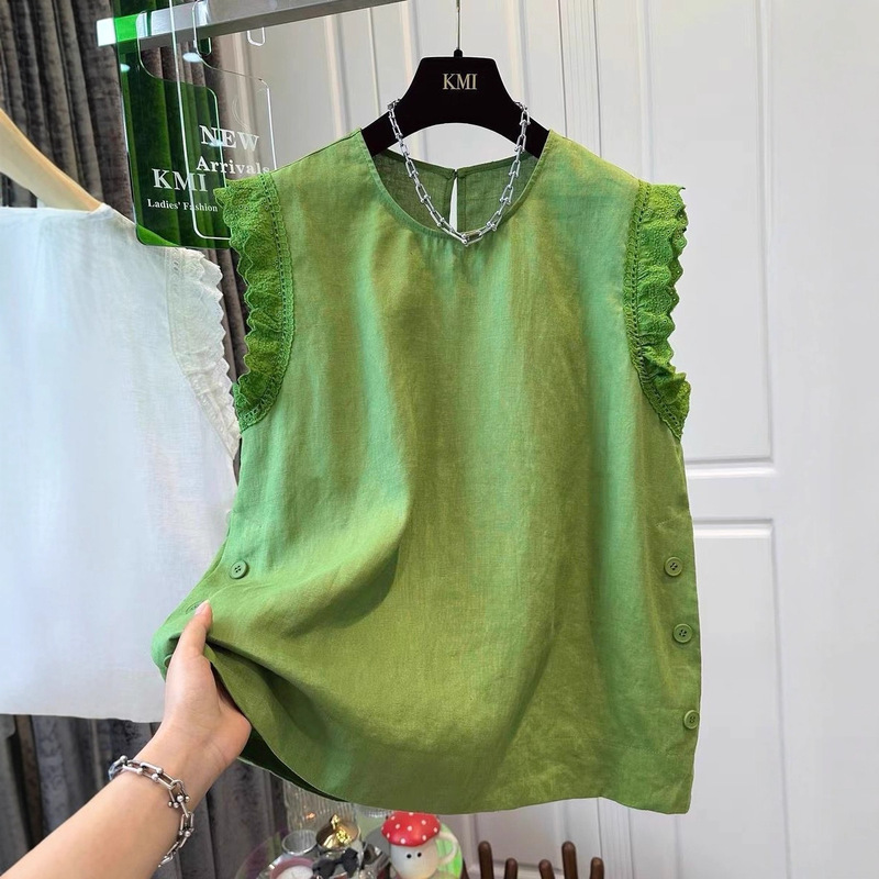 Plus-Size 120kg Pure Cotton Lace-Trimmed Small Flutter Sleeve Shirt Summer Thin Age-Reducing Loose Sleeveless Top for Women
