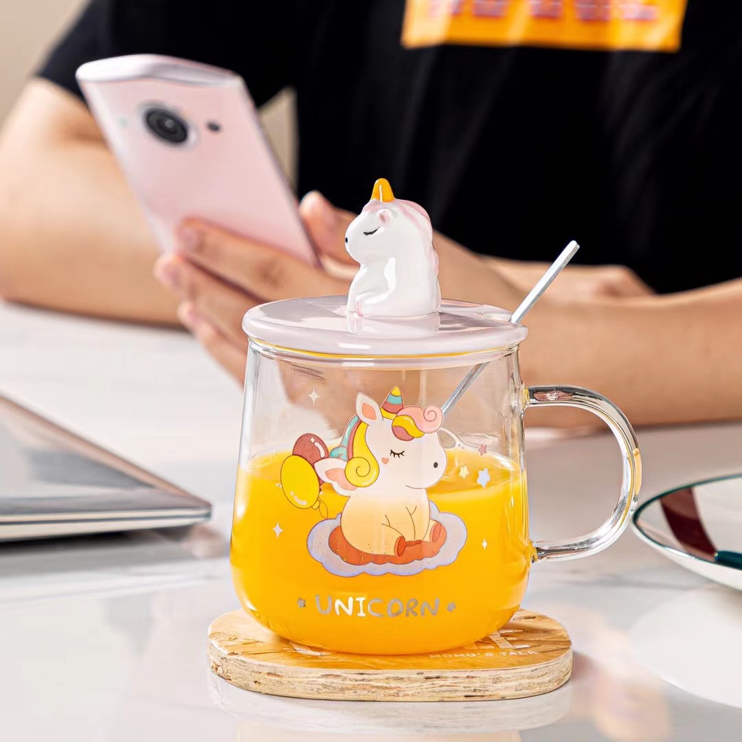 Personalidad creativa dibujos animados unicornio 3D tridimensional Taza de cerámica con tapa cuchara chica corazón taza de café taza de oficina
