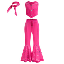 欧美cosplay电影芭比带丝巾三件套 儿童无袖派对礼服印花表演服