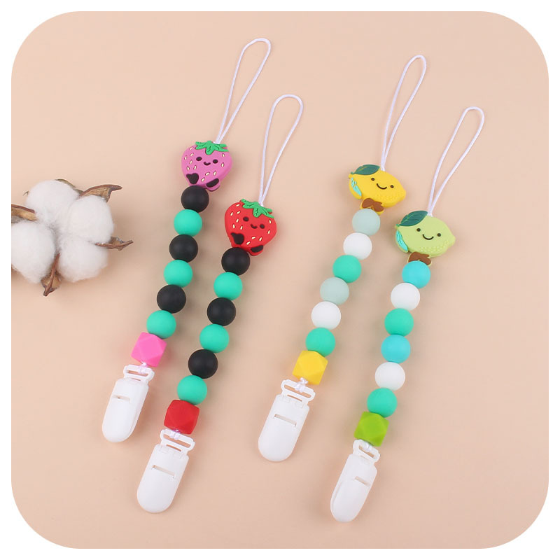Nueva creativo de calidad alimentaria silicona fruta fresa limón mordedor cuentas DIY bebé mordedor palo pezón anti-gota cadena