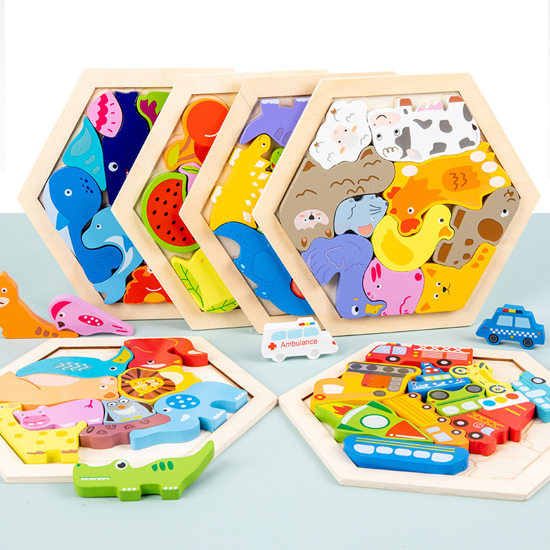 Dibujos animados de madera animal rompecabezas tridimensional rompecabezas hexagonal de madera niños bebé rompecabezas mano agarre tablero bloques de construcción de juguete