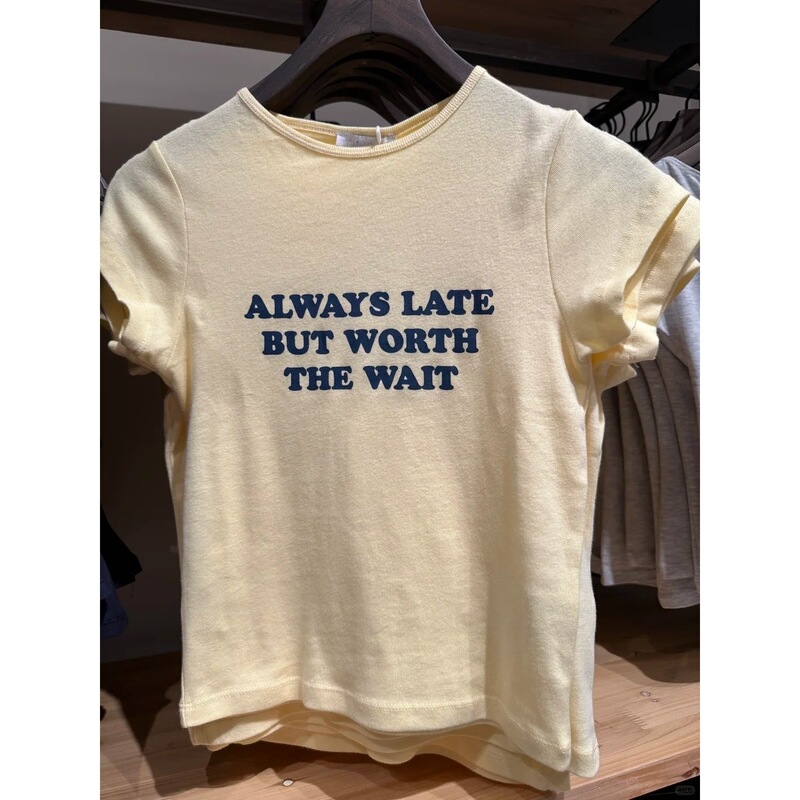 ピュアコットンテンダーイエローレタープリントショルダー半袖Tシャツレディース夏スリムウエストプリーツ韓国風ラウンドネックトップ|undefined