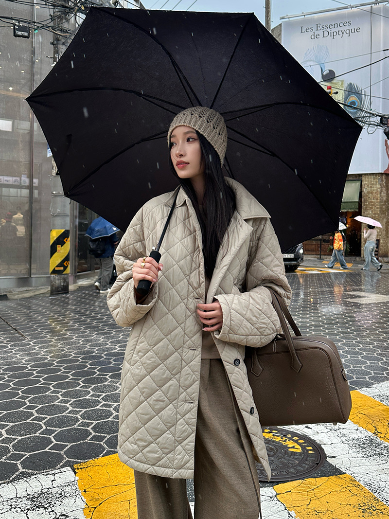 ELSISSI Lapel Loose-fitting Diamond Pattern Cotton Jacket For Women, Black Quilted Thick Top