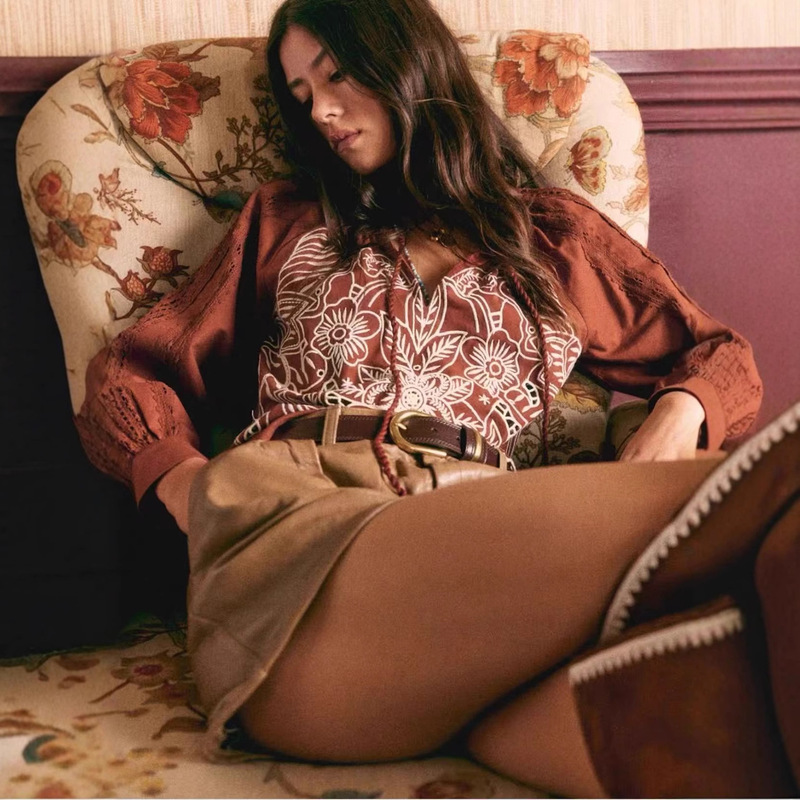 French-Style Heavy-Duty Embroidery Top with High-End Floral Embroidery, Tassel Straps, Lace Trim, and Puff Sleeves for Women