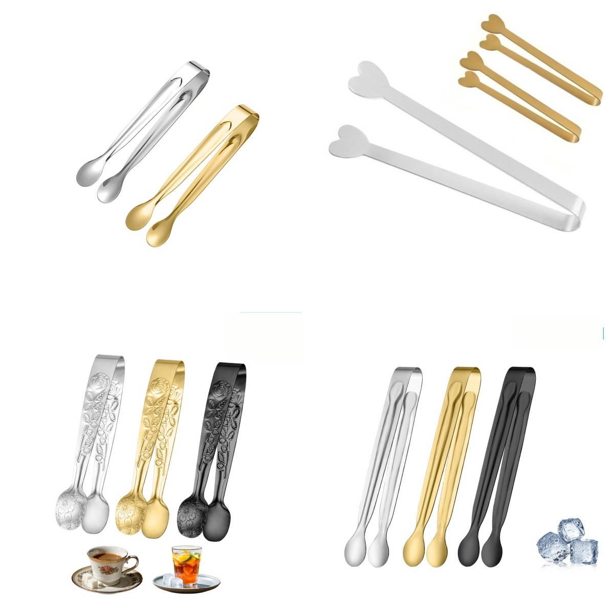Stainless Steel Ice Tongs with Round Heads, Sugar Cube Tongs, Bar Ice Tongs, Ice Clamps, Small Tongs, Coffee Rose Pattern Tongs, Food Tongs