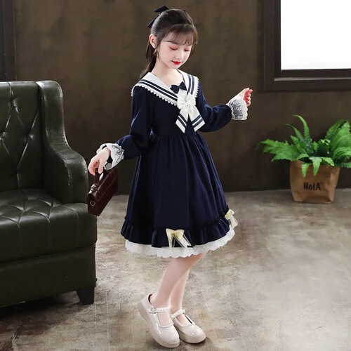 Girls Lolita Princess Dress Autumn New Zhongda Children's College Style Dress Girls Fashionable Long Sleeve Skirt