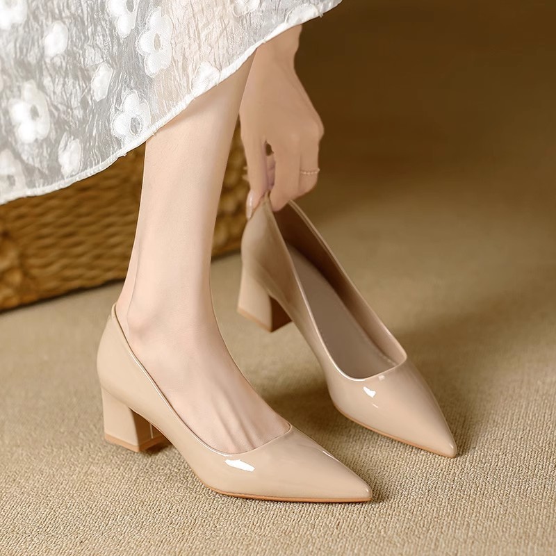 2025 Fall New Patent Leather Pointed Toe Shallow Thick Heel Pumps French Fashion Elegant Women's High Heels_vogvips.com