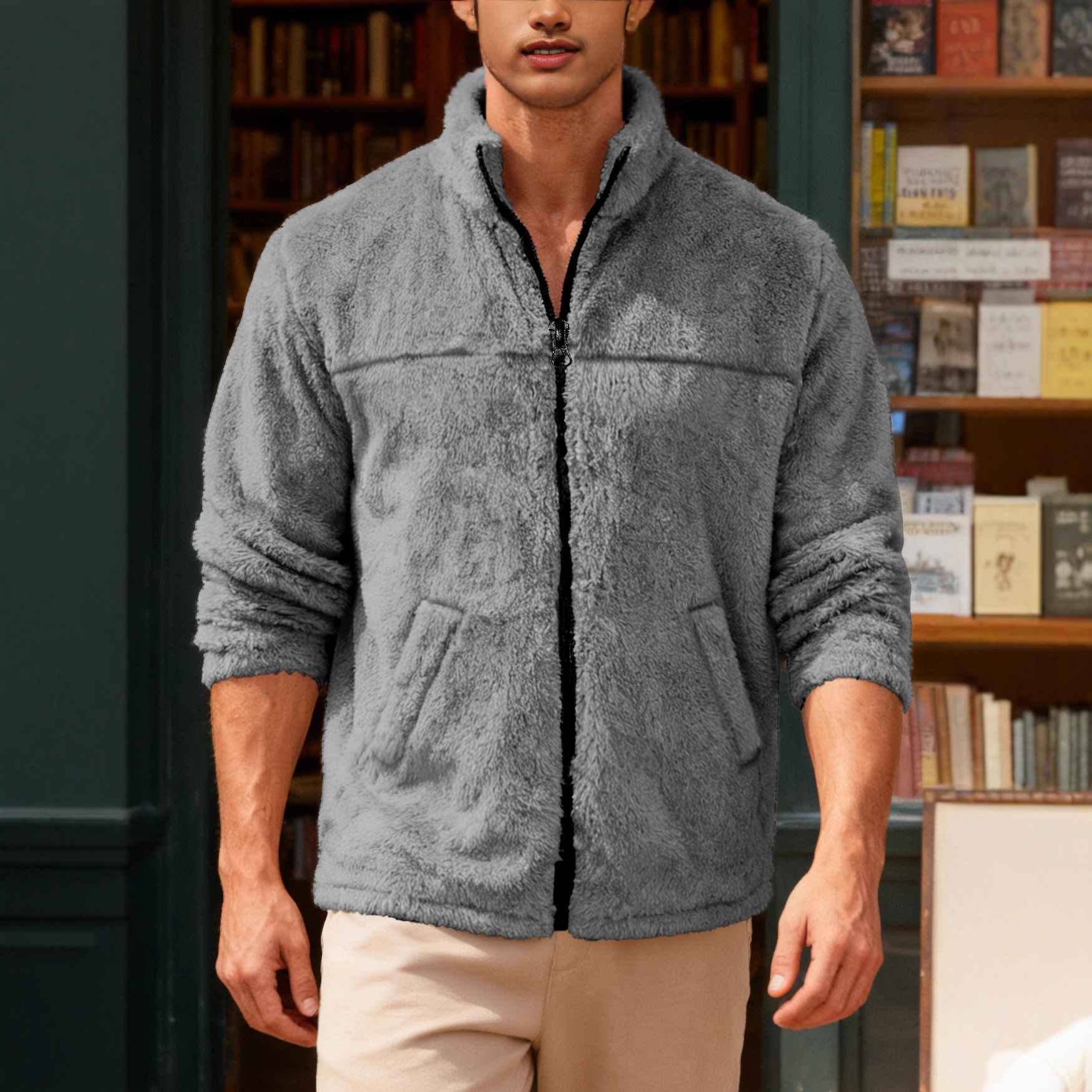Nuevo transfronterizo de Europa y América Amazon otoño y invierno hombre cuello agitado chaqueta con cremallera chaqueta casual de gran tamaño