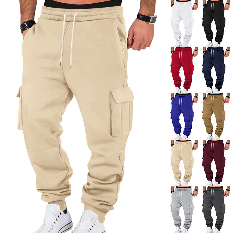 Cross-border American Autumn and Winter Fleece Men's Casual Crane Pants Men's Multi-pocket Drawstring Ten-color Sports Casual Pants