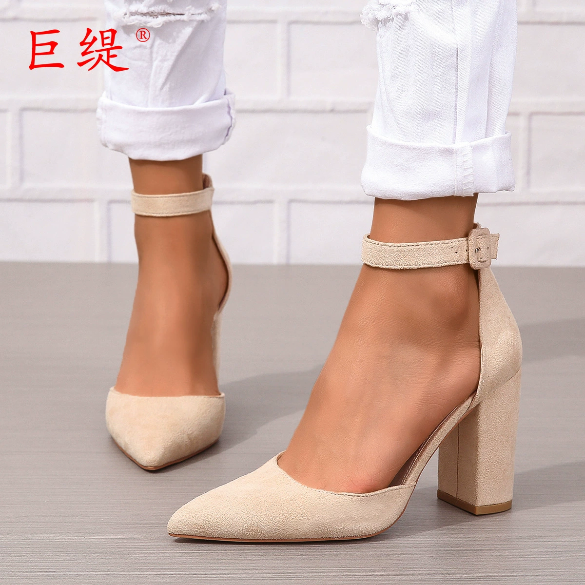 Juti в наличии 43 Европейские и американские туфли на высоком каблуке, модные трансграничные женские туфли больших размеров, остроконечные туфли на толстом каблуке, женские модные одиночные туфли на высоком каблуке