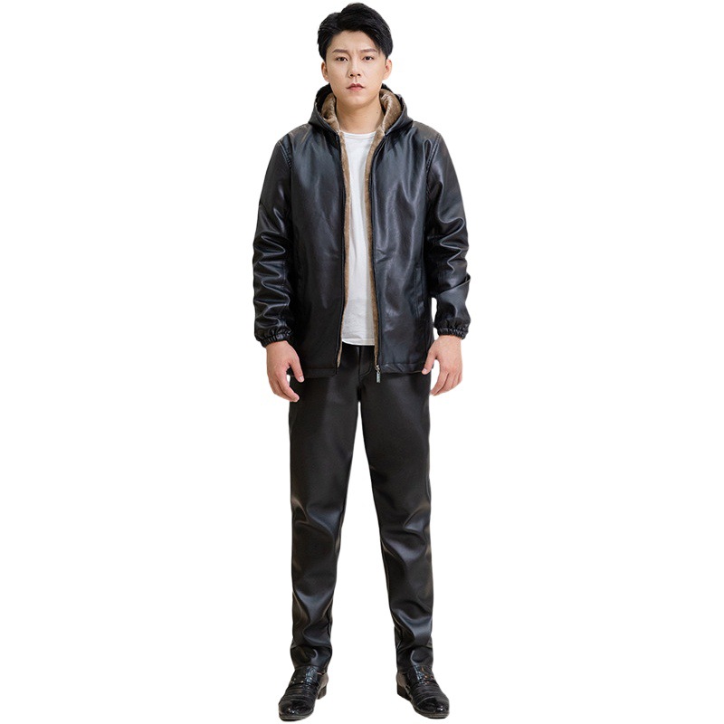 Men's leather coat fleece-lined thickened leather coat leather pants suit cotton coat motorcycle motorcycle windshield work clothes