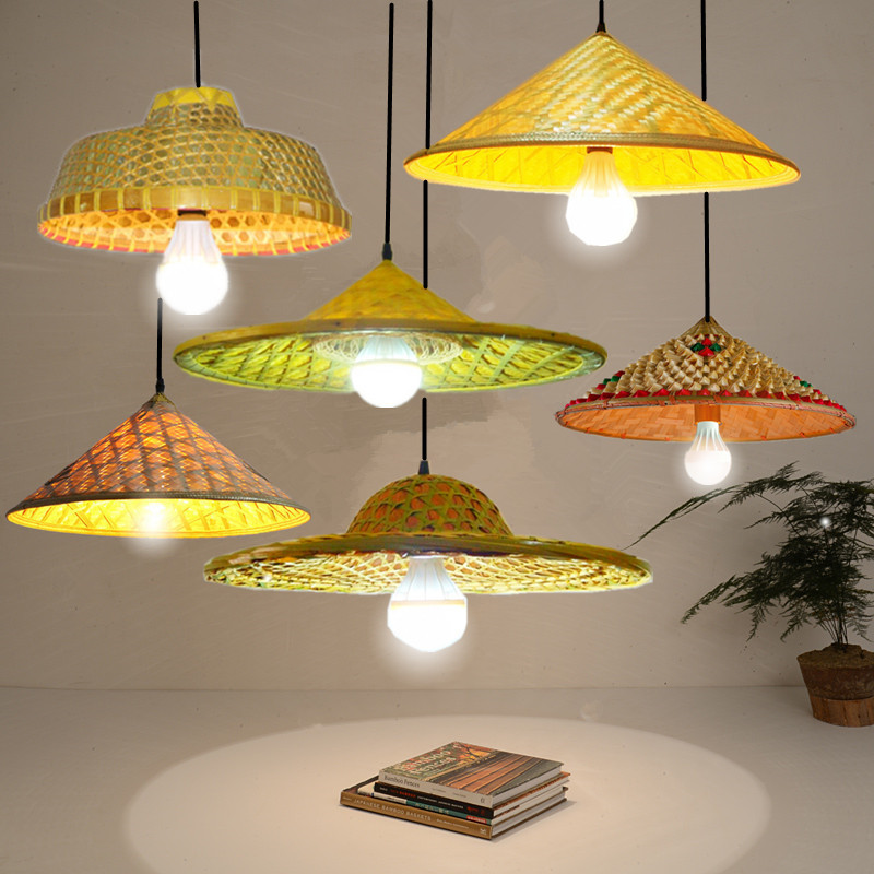 Retro Straw Hat Lampshade Chinese Pastoral Farmhouse Hot Pot Restaurant Restaurant Personalized Creative Bamboo Woven Bamboo Hat Chandelier