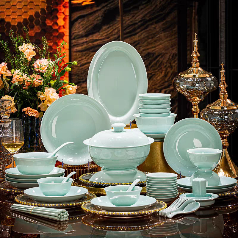 High-End Underglaze Colored White Porcelain Tableware Set Wholesale, Jingdezhen Shadow Green Bowl, Chopsticks, Plate, Spoon Combination Wholesale