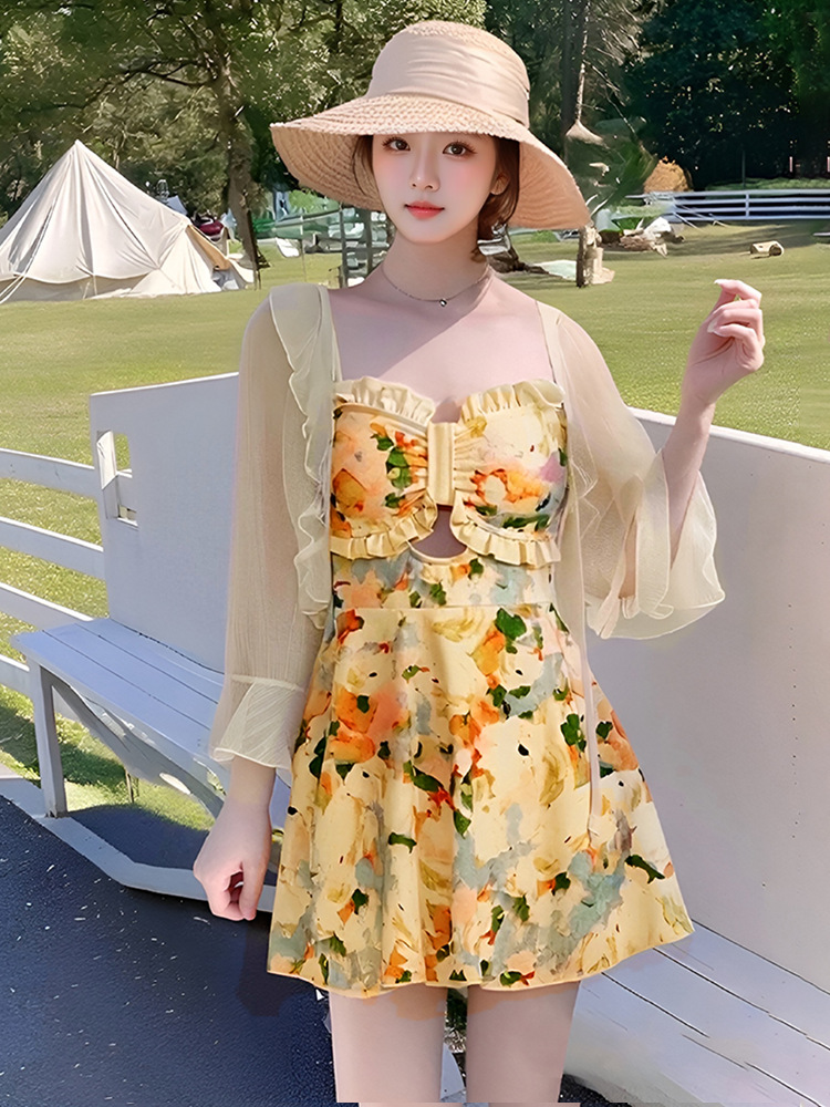 2025 verano nuevo estilo francés ligeramente gordo y delgado traje de baño floral de una pieza falda de mujer blusa de manga larga traje de baño al por mayor image 3