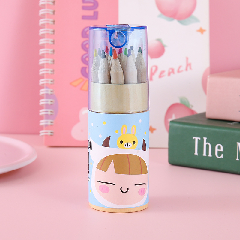 Coreana encantadora flotante 12 lápiz de color dibujos animados barril de dibujo de estudiantes de arte lápiz con cuchillo de lápiz