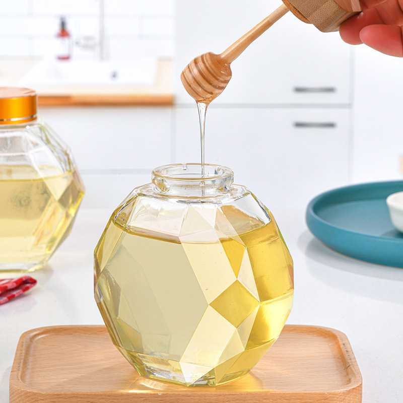 Frasco Hermético Hexagonal para Miel de Vidrio con Tapa de Madera y Cuchara Mezcladora image 3