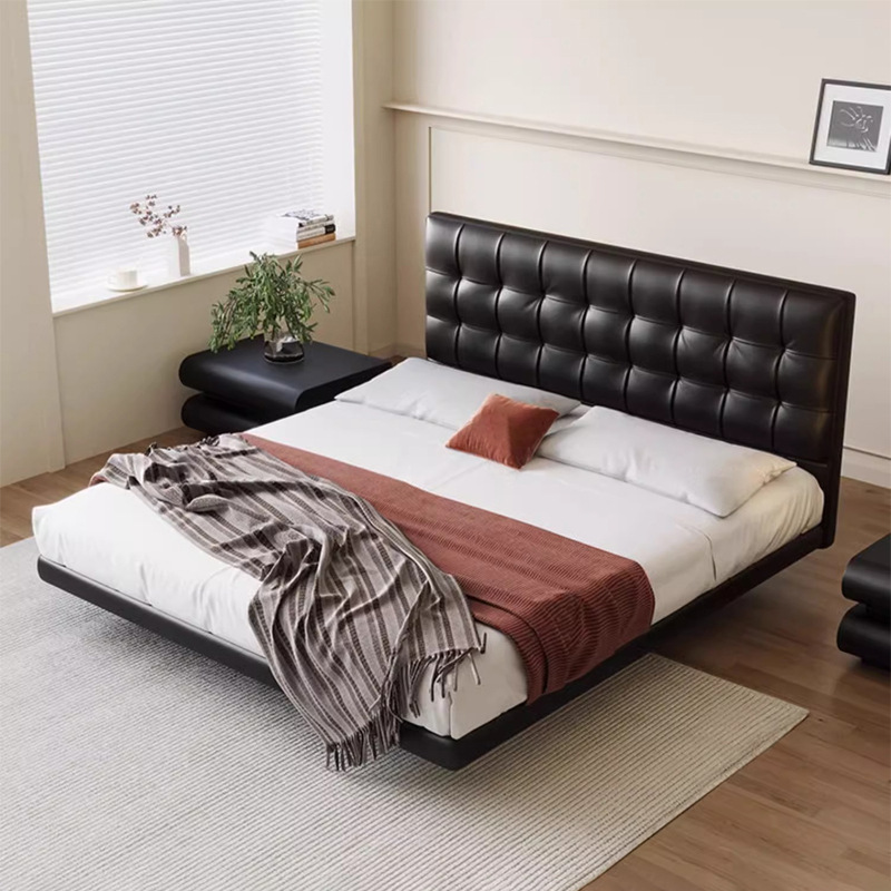 Cama flotante retro, cama de cuero de waffle, cama de cuero de vaca negra, cama flotante, cama doble.